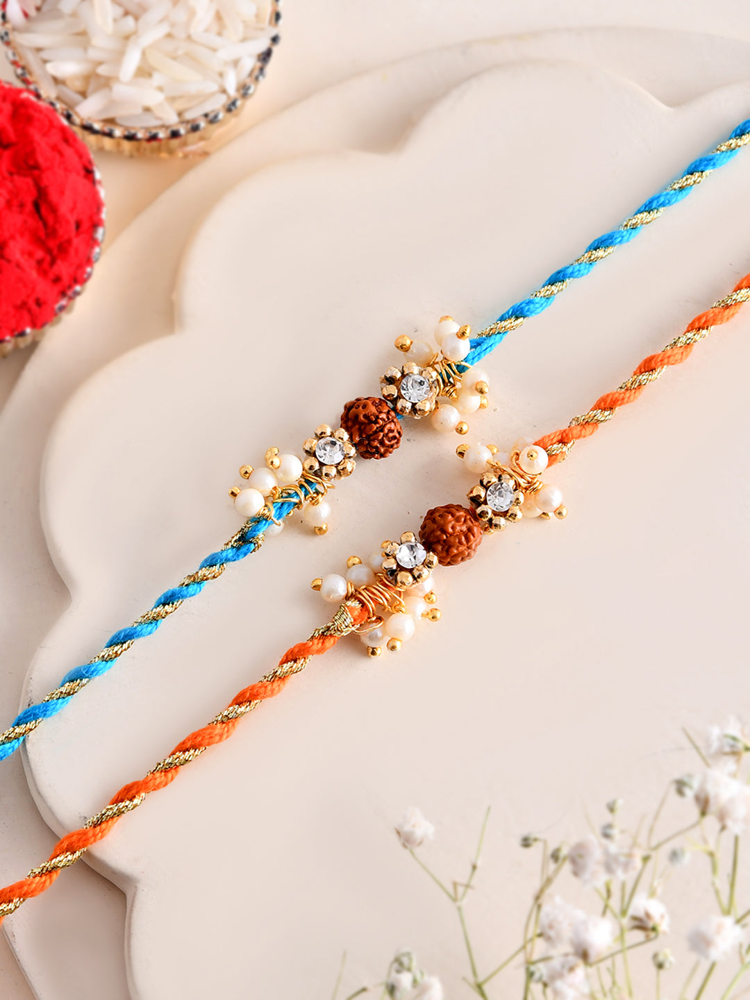 Rudraksha and Pearl Rakhi Set of 2 with Elegant Threadwork