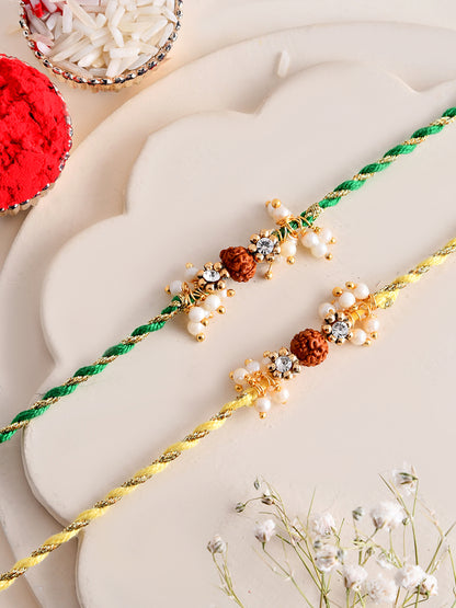Rudraksha Rakhi Set of 2 with Gold Beads on Color Threads