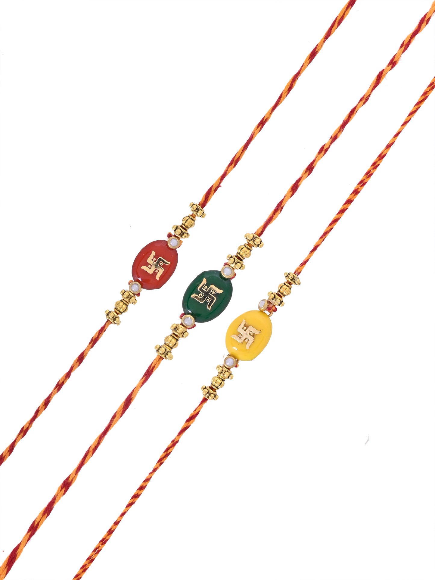 Handcrafted Swastik Rakhi Trio in Festive Red, Yellow & GREEN Mauli Thread