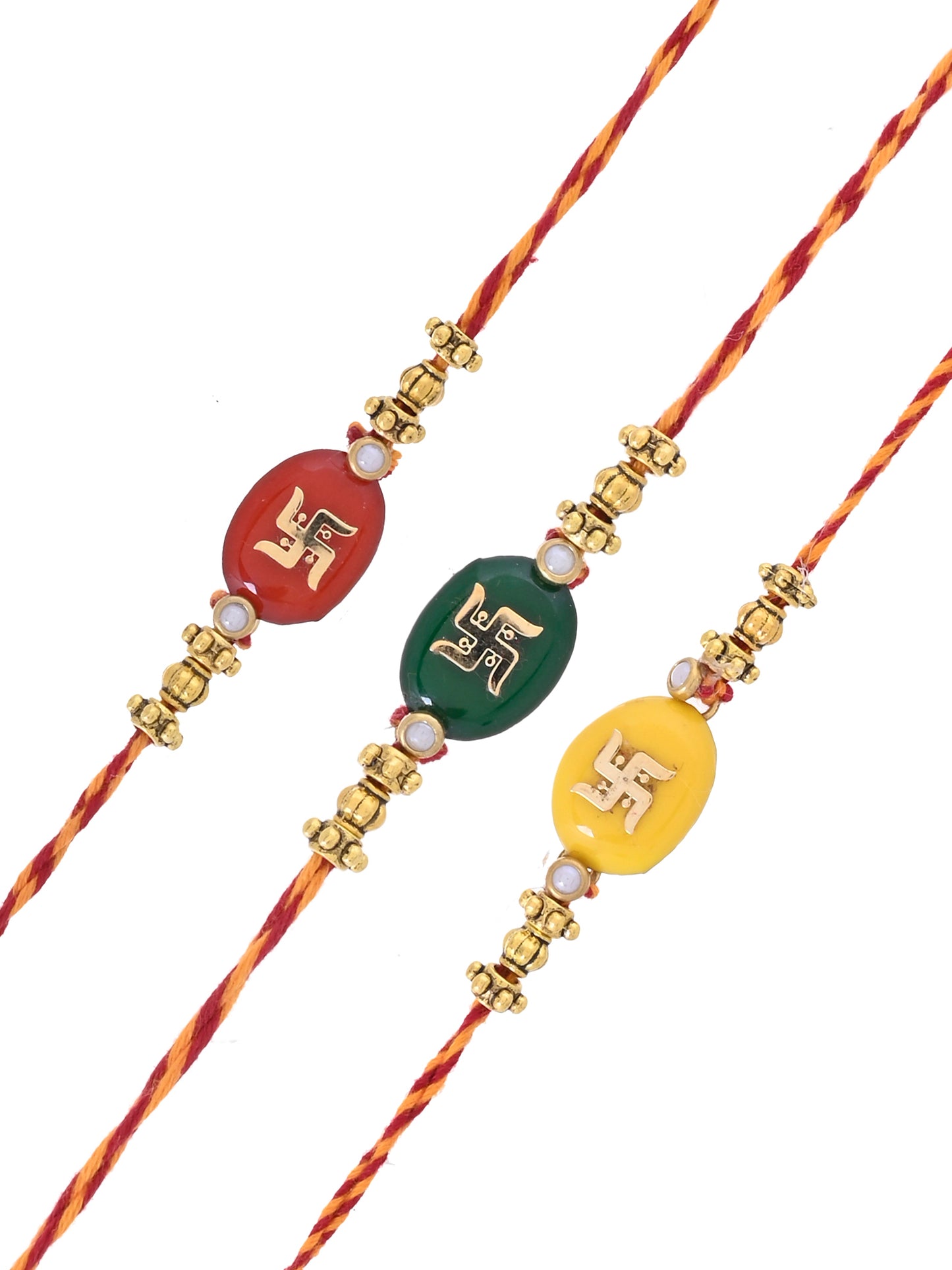 Handcrafted Swastik Rakhi Trio in Festive Red, Yellow & GREEN Mauli Thread