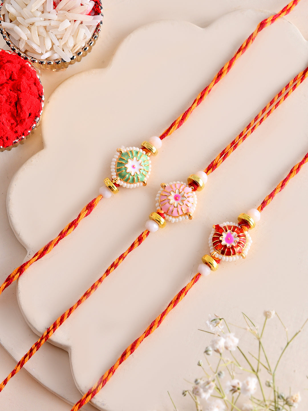 Set of 3 Bhaiya Rakhis with Thread Embroidery and Beaded Accents