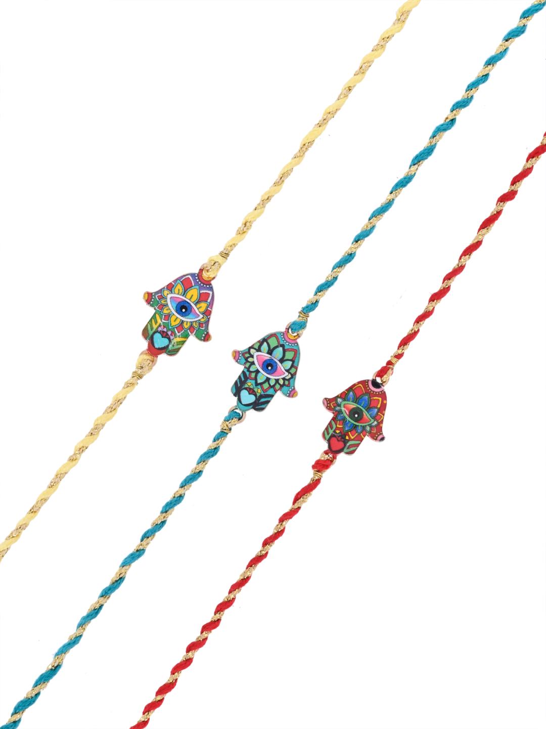 Set of 3 Hamsa Evil Eye Bhaiya Rakhis in Mosaic Enamel Detailing