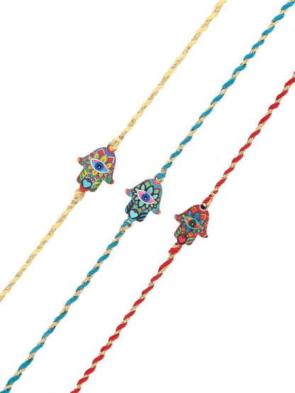 Set of 3 Hamsa Evil Eye Bhaiya Rakhis in Mosaic Enamel Detailing