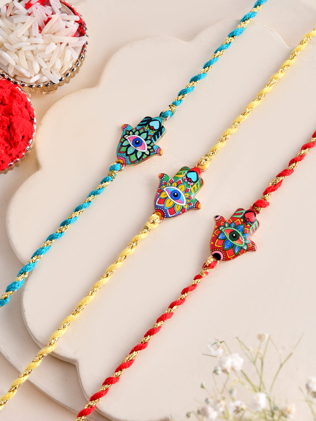 Set of 3 Hamsa Evil Eye Bhaiya Rakhis in Mosaic Enamel Detailing