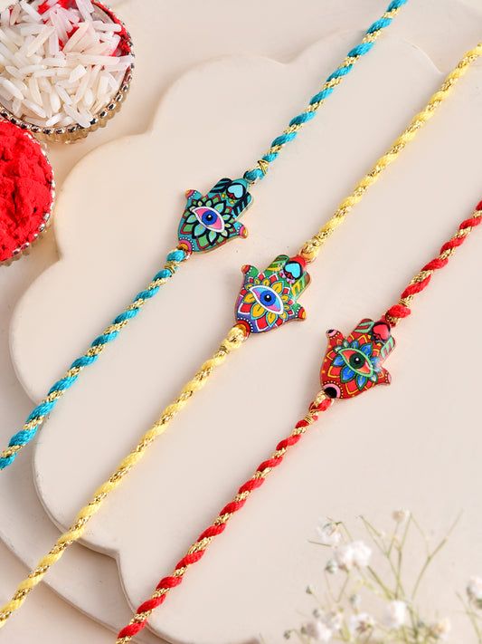 Set of 3 Hamsa Evil Eye Bhaiya Rakhis in Mosaic Enamel Detailing