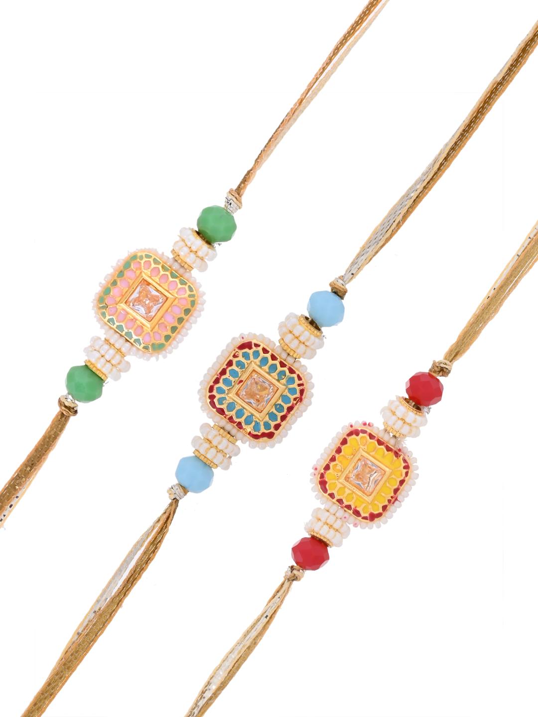 Multicolor Handcrafted Traditional Beaded Square Rakhi Set of 3