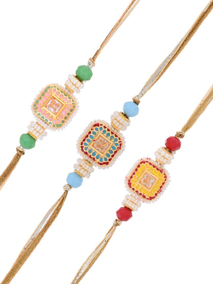 Multicolor Handcrafted Traditional Beaded Square Rakhi Set of 3