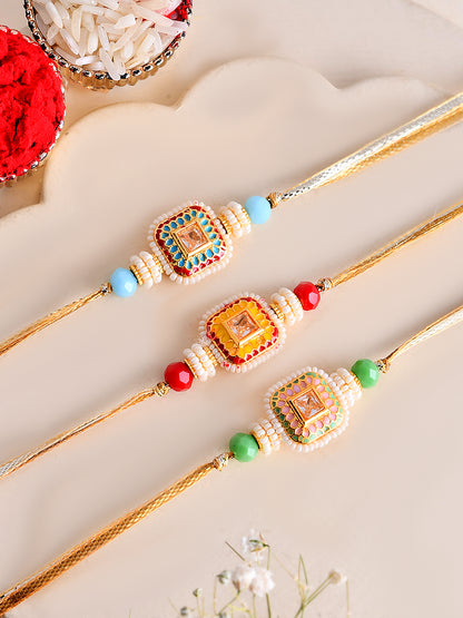 Multicolor Handcrafted Traditional Beaded Square Rakhi Set of 3