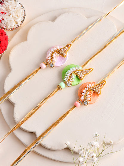Handcrafted Zardosi Rakhi Set of 3 with Elegant Beads and Motifs