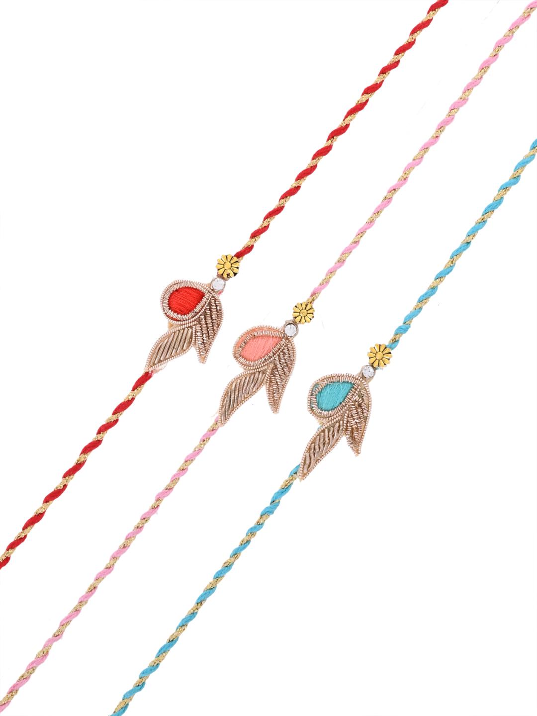 Traditional Thread Rakhi Set of 3 with Zari and Zardosi work