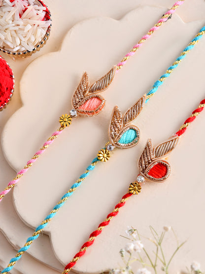 Traditional Thread Rakhi Set of 3 with Zari and Zardosi work