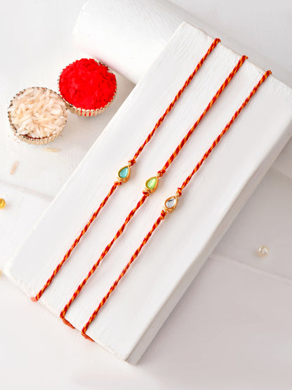 Subtle Kundan Rakhi Set of 3 with Teardrop Stone Design