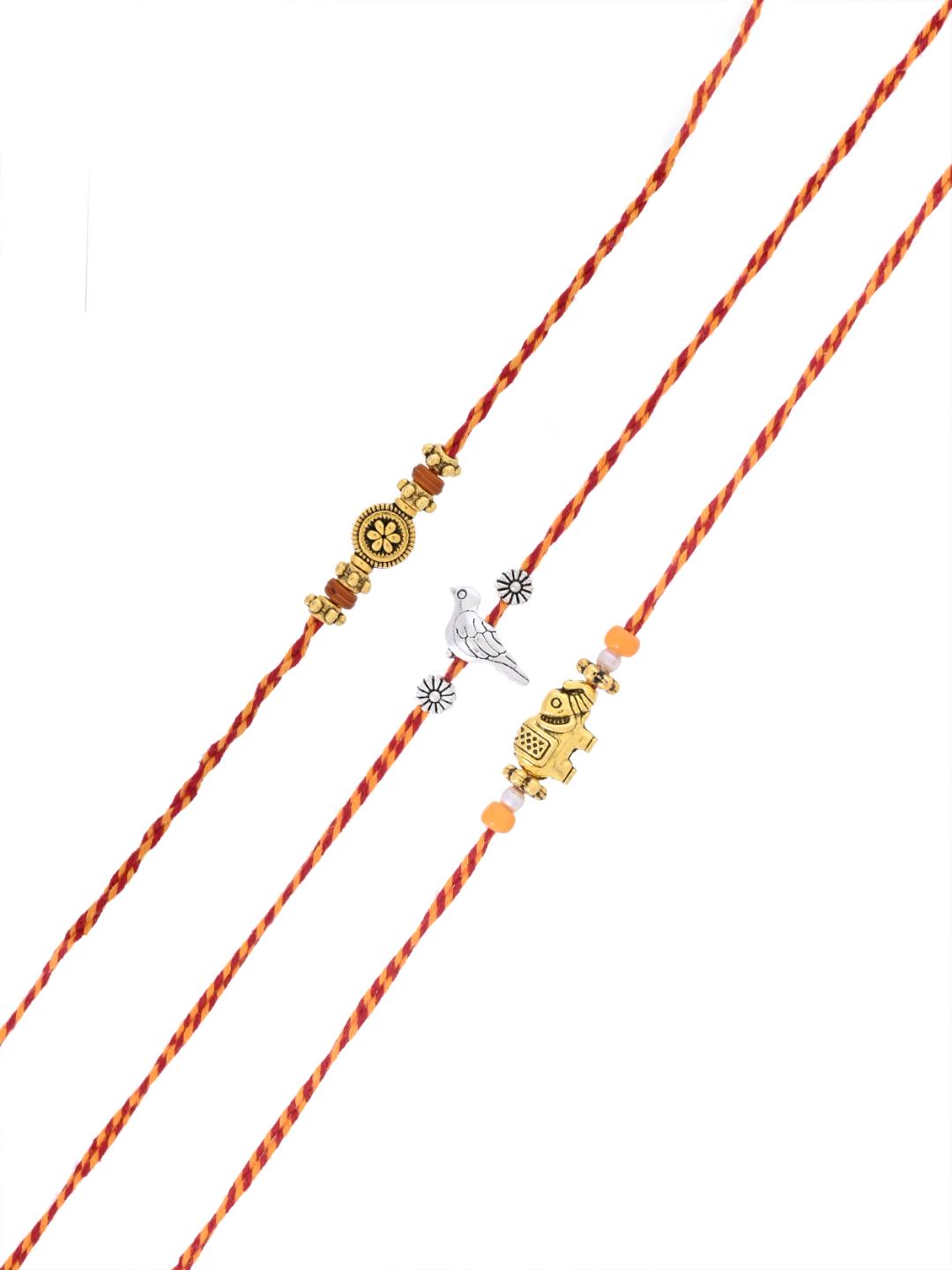 Festive Rakhi Set of 3 with Elephant Fish and Floral Motifs