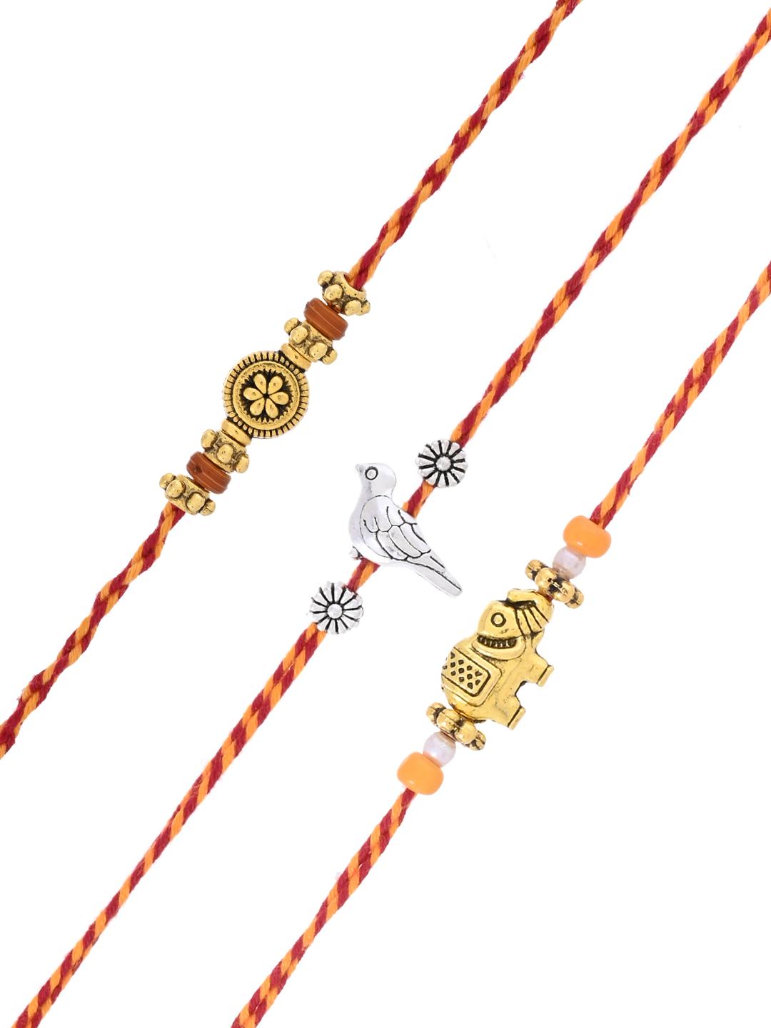 Festive Rakhi Set of 3 with Elephant Fish and Floral Motifs