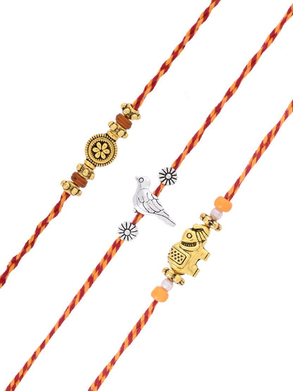 Festive Rakhi Set of 3 with Elephant Fish and Floral Motifs