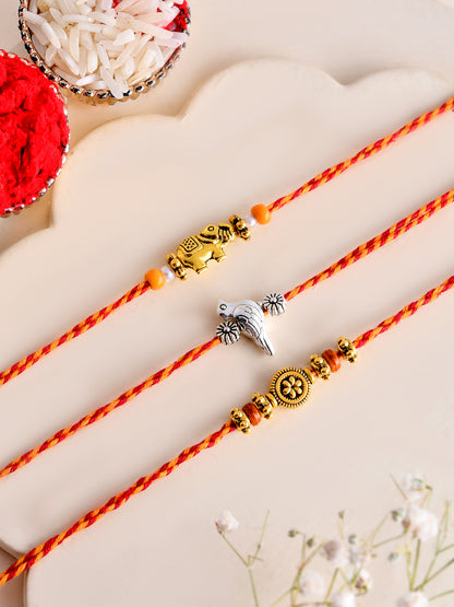Festive Rakhi Set of 3 with Elephant Fish and Floral Motifs