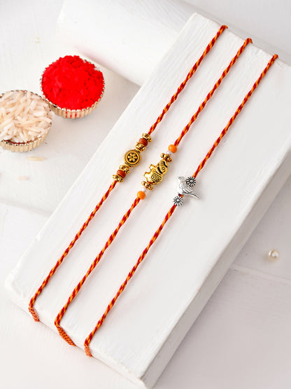 Festive Rakhi Set of 3 with Elephant Fish and Floral Motifs