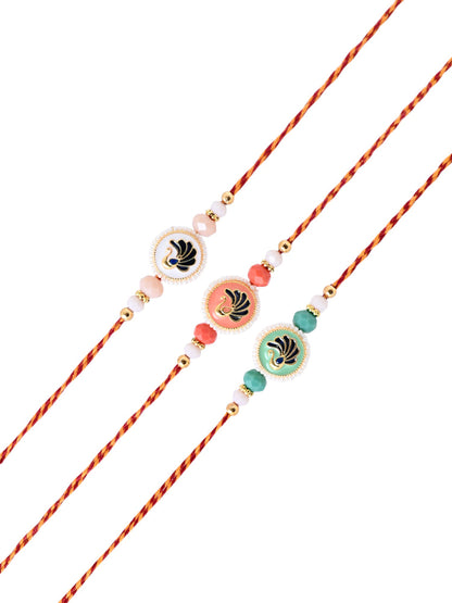 Rakhi Set of 3 with Meenakari Peacock Motifs and Beaded Thread
