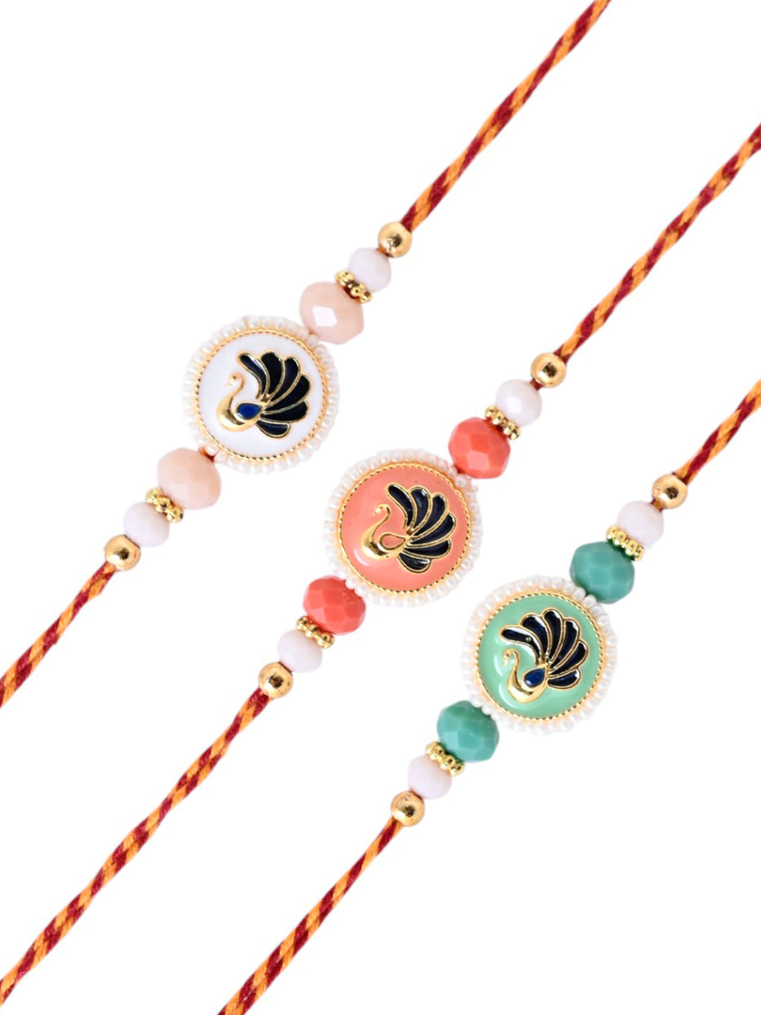 Rakhi Set of 3 with Meenakari Peacock Motifs and Beaded Thread