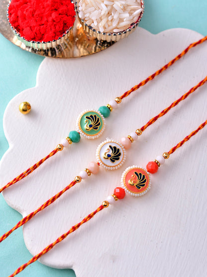 Rakhi Set of 3 with Meenakari Peacock Motifs and Beaded Thread