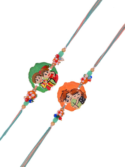 Two Rakhis featuring cartoon-style siblings, suitable for kids or playful gifts.
