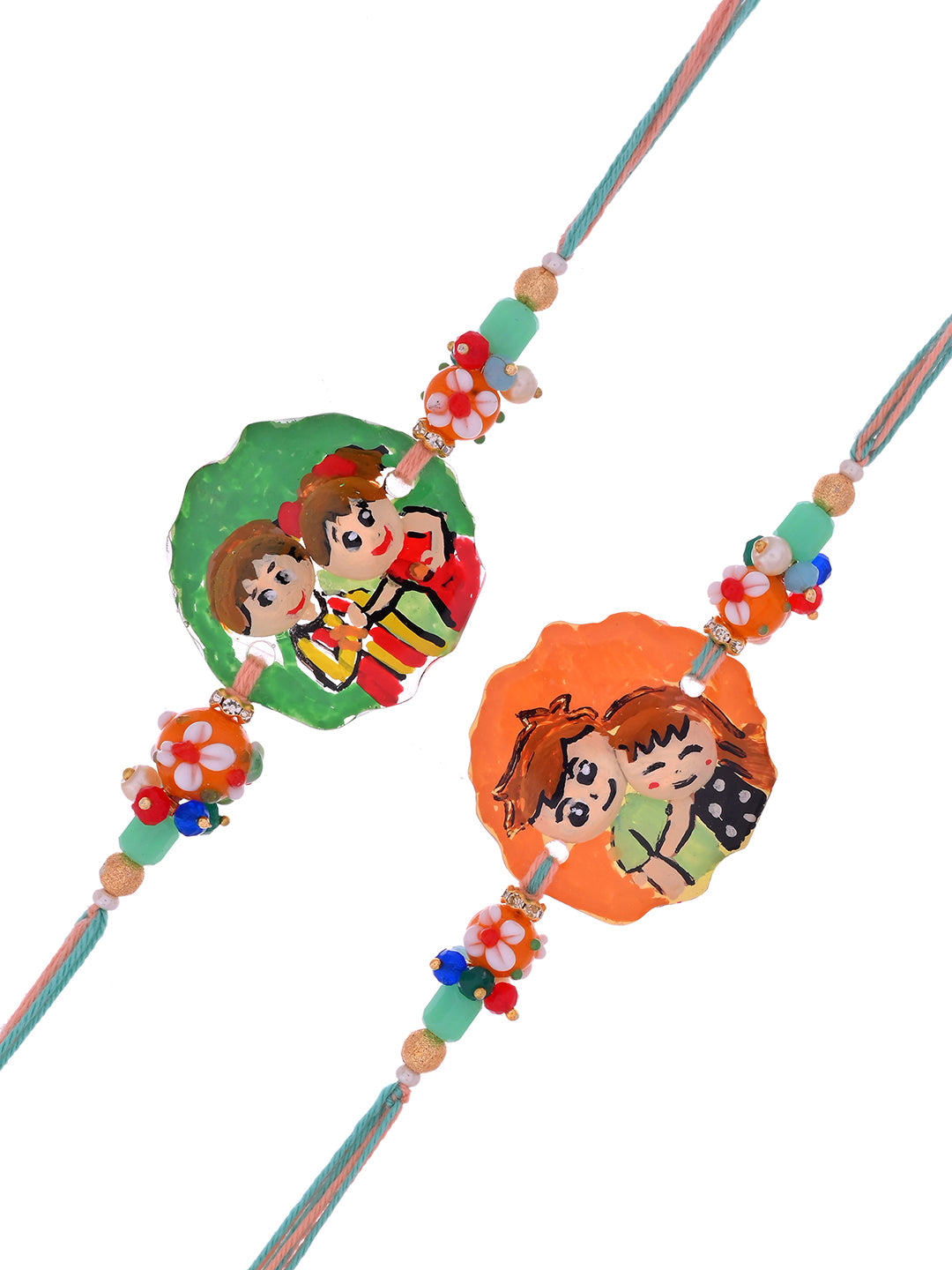 Two Rakhis featuring cartoon-style siblings, suitable for kids or playful gifts.