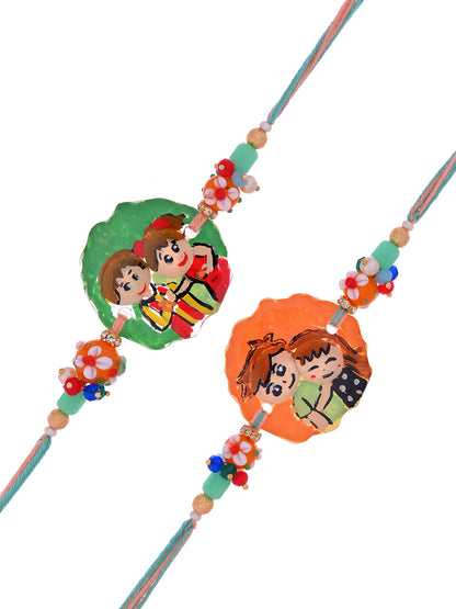 Two Rakhis featuring cartoon-style siblings, suitable for kids or playful gifts.