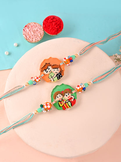 Two Rakhis featuring cartoon-style siblings, suitable for kids or playful gifts.
