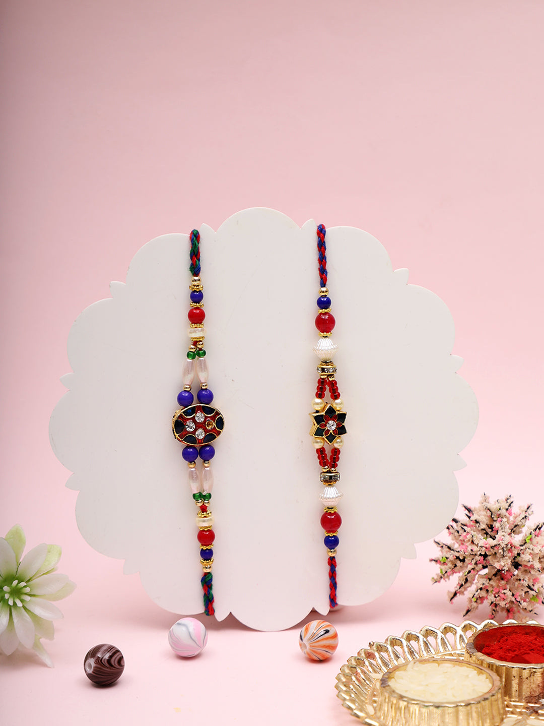 Set of 2 Red & white stone-studded Meenakari Rakhi