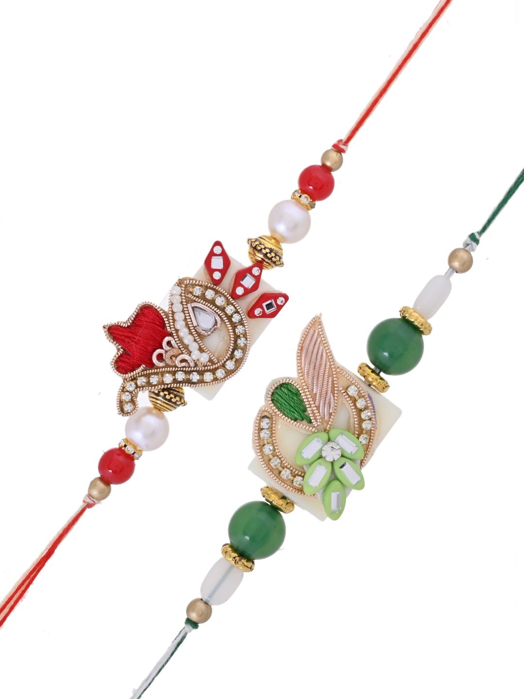Handpicked Traditional Pearl Zardosi Rakhi Set of 2 for Brother