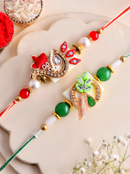 Handpicked Traditional Pearl Zardosi Rakhi Set of 2 for Brother