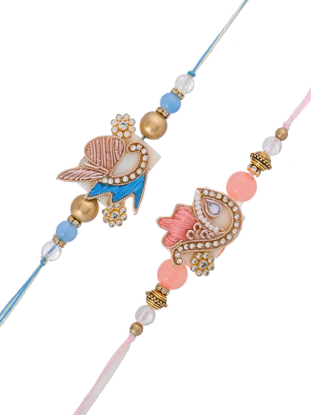 Pastel Designer Rakhi Set of 2 for Brother with Subtle Zardosi Work