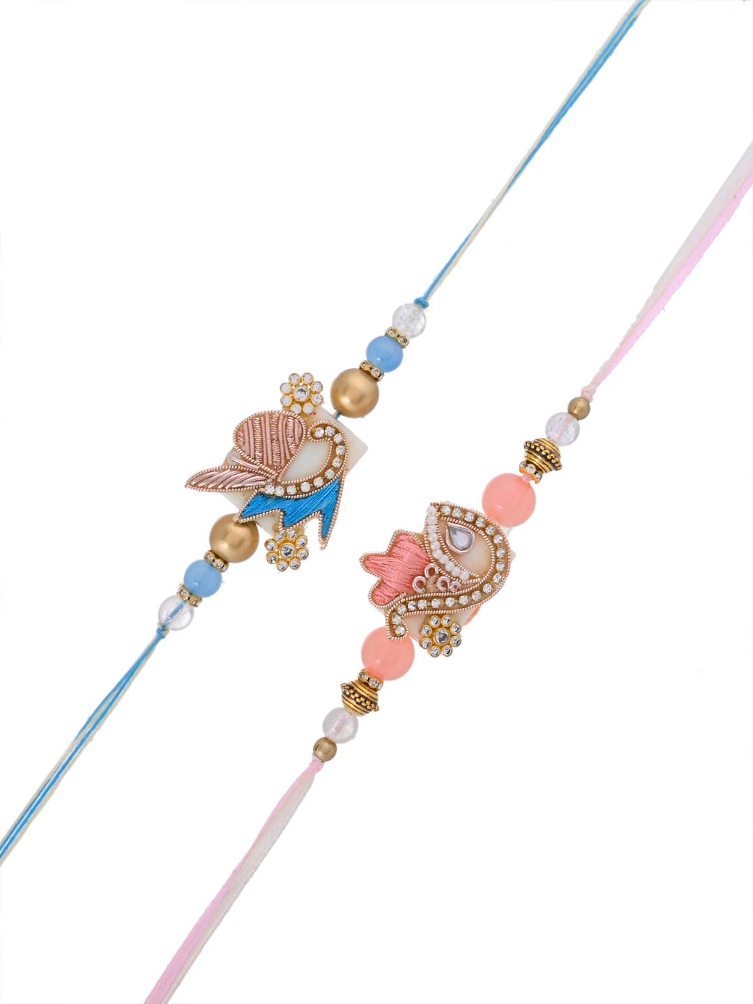 Pastel Designer Rakhi Set of 2 for Brother with Subtle Zardosi Work