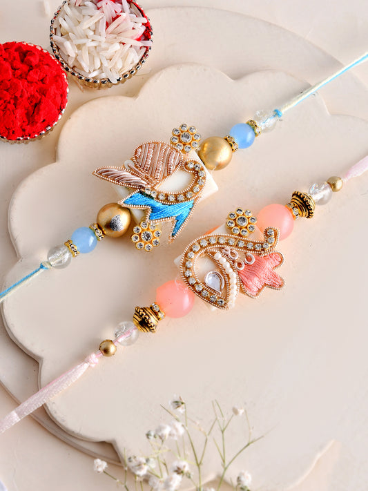 Pastel Designer Rakhi Set of 2 for Brother with Subtle Zardosi Work