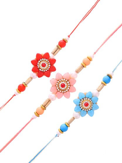 Vibrant Floral Rakhi Set of 3 for Brother with Red Pink Blue Accents