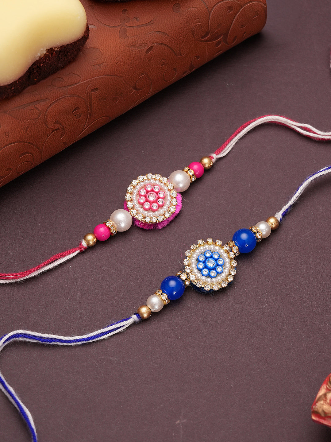 Blue & Pink Stone-Studded Beaded Rakhi Set of 2