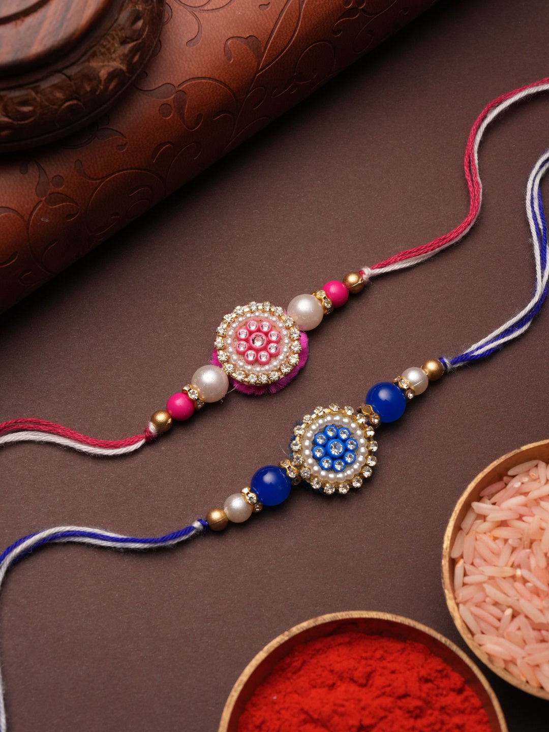Blue & Pink Stone-Studded Beaded Rakhi Set of 2