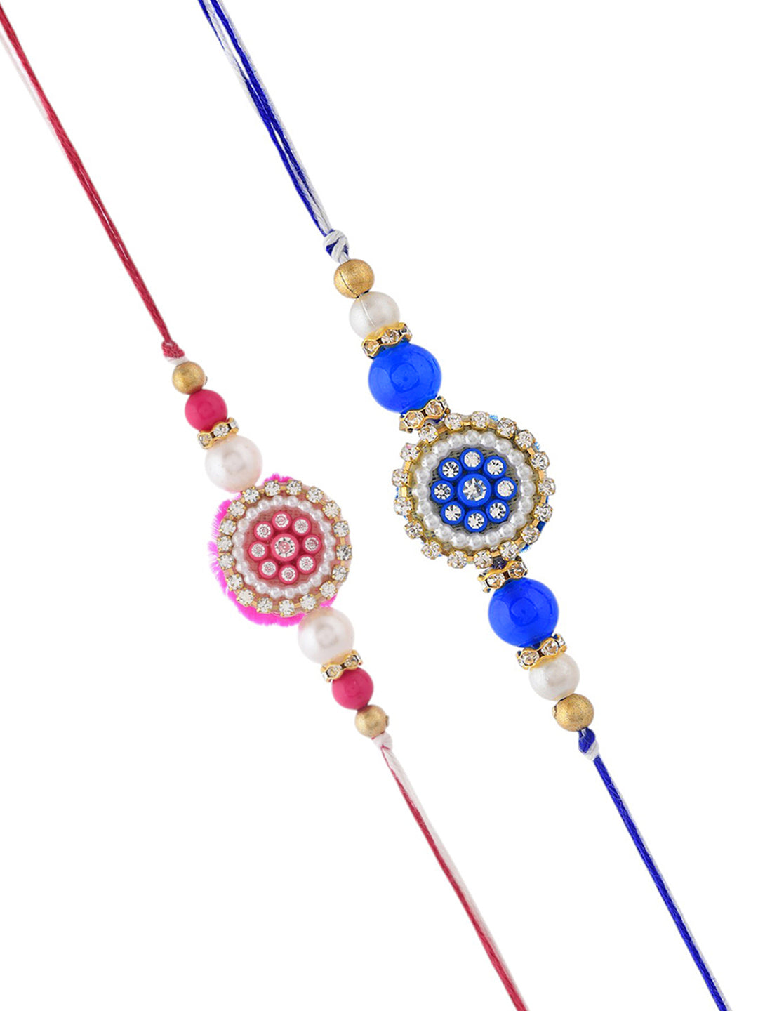 Blue & Pink Stone-Studded Beaded Rakhi Set of 2