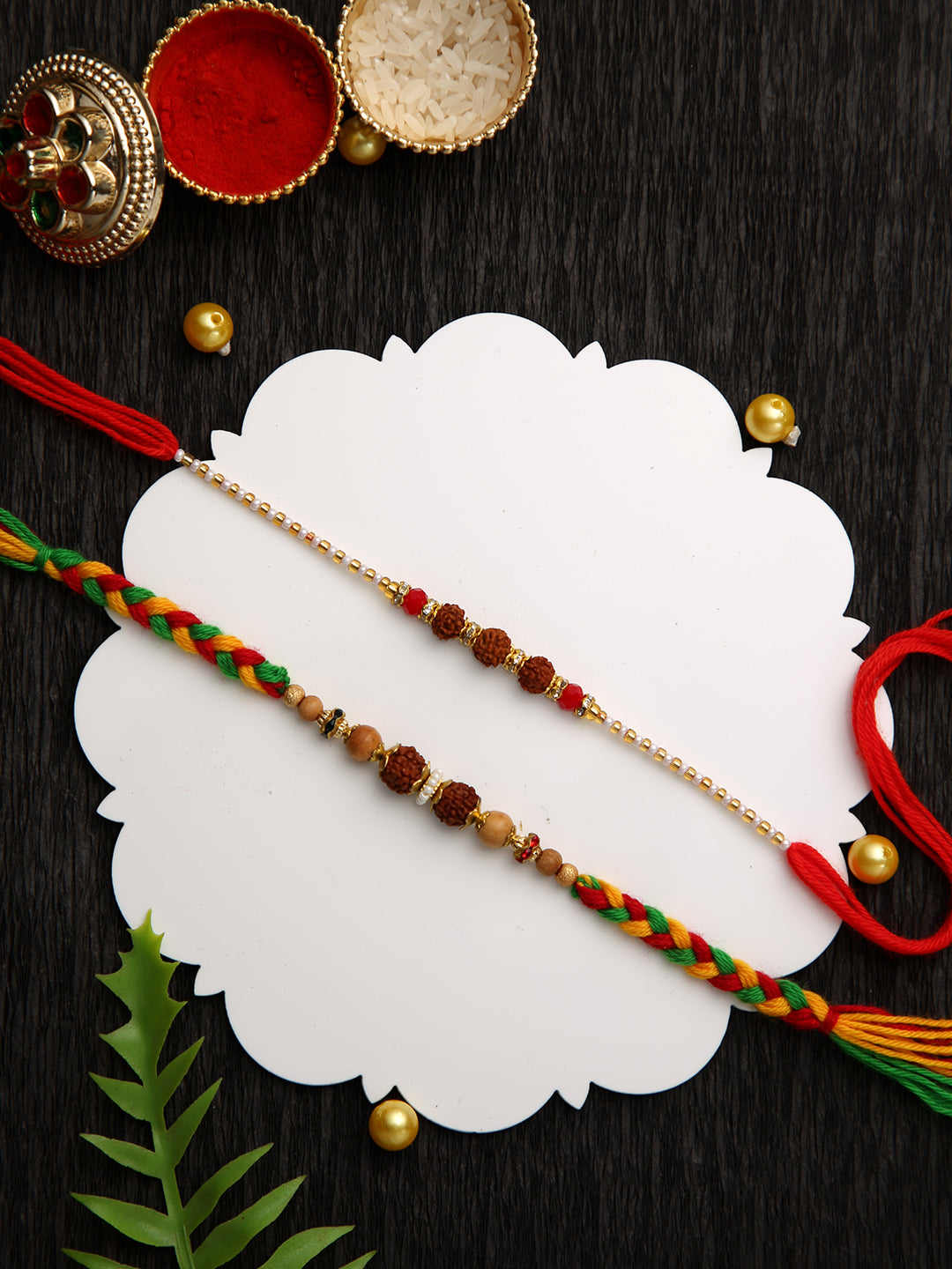 Set of 2 Sacred Rudraksha Rakhi with Colorful Threads