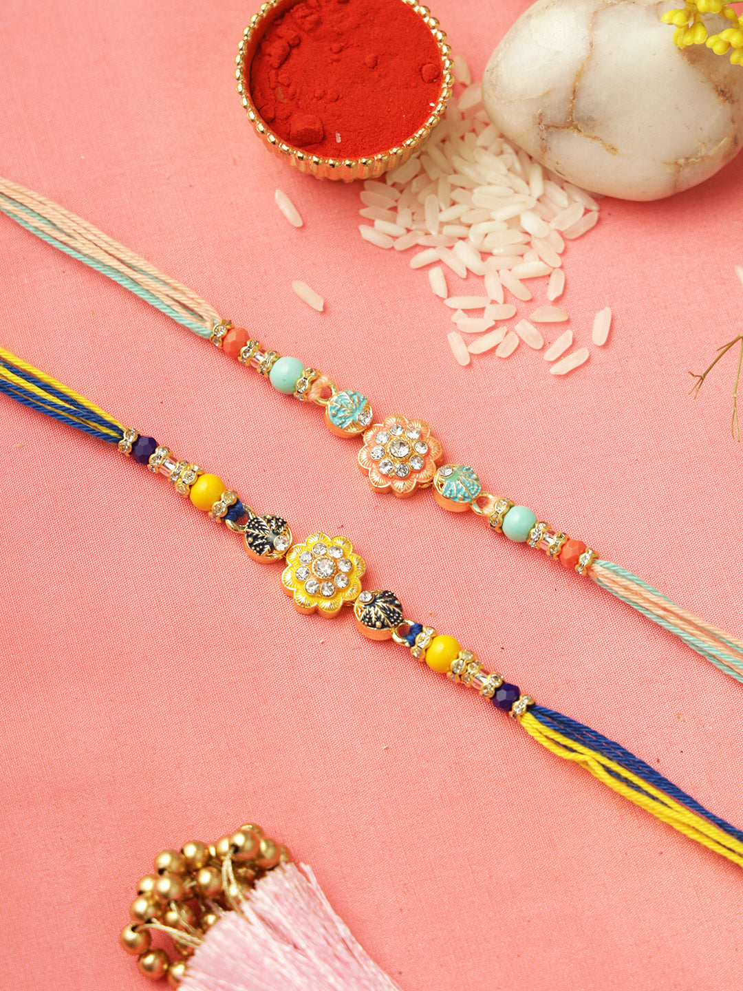 Set of 2 Multicolor Floral Beads Rakhi