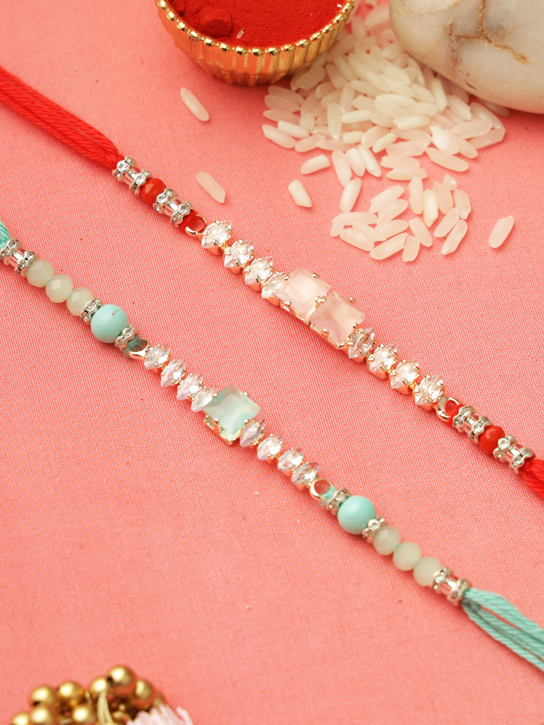 Charming Crystal Set of 2 Red and Aqua Rakhi