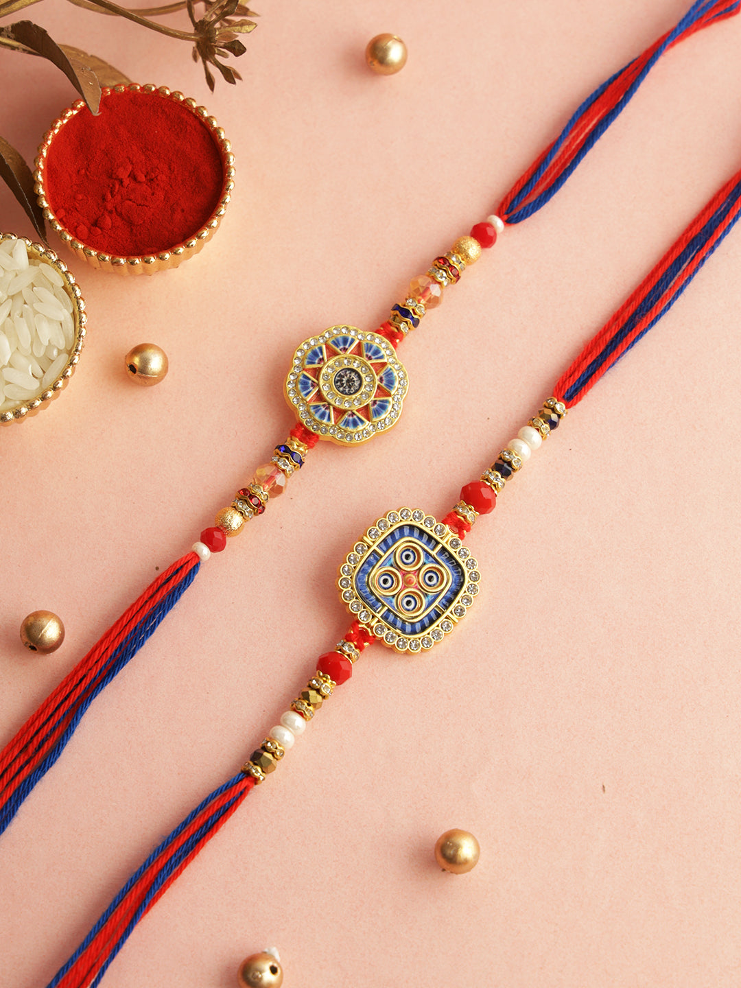 Geometric Patterned Floral Rakhi Set of 2