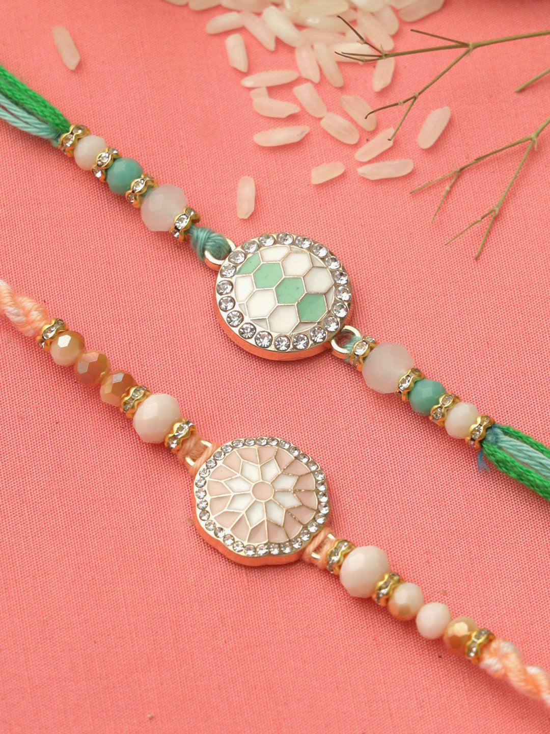 Peach & Green Enameled Set of 2 Rakhi
