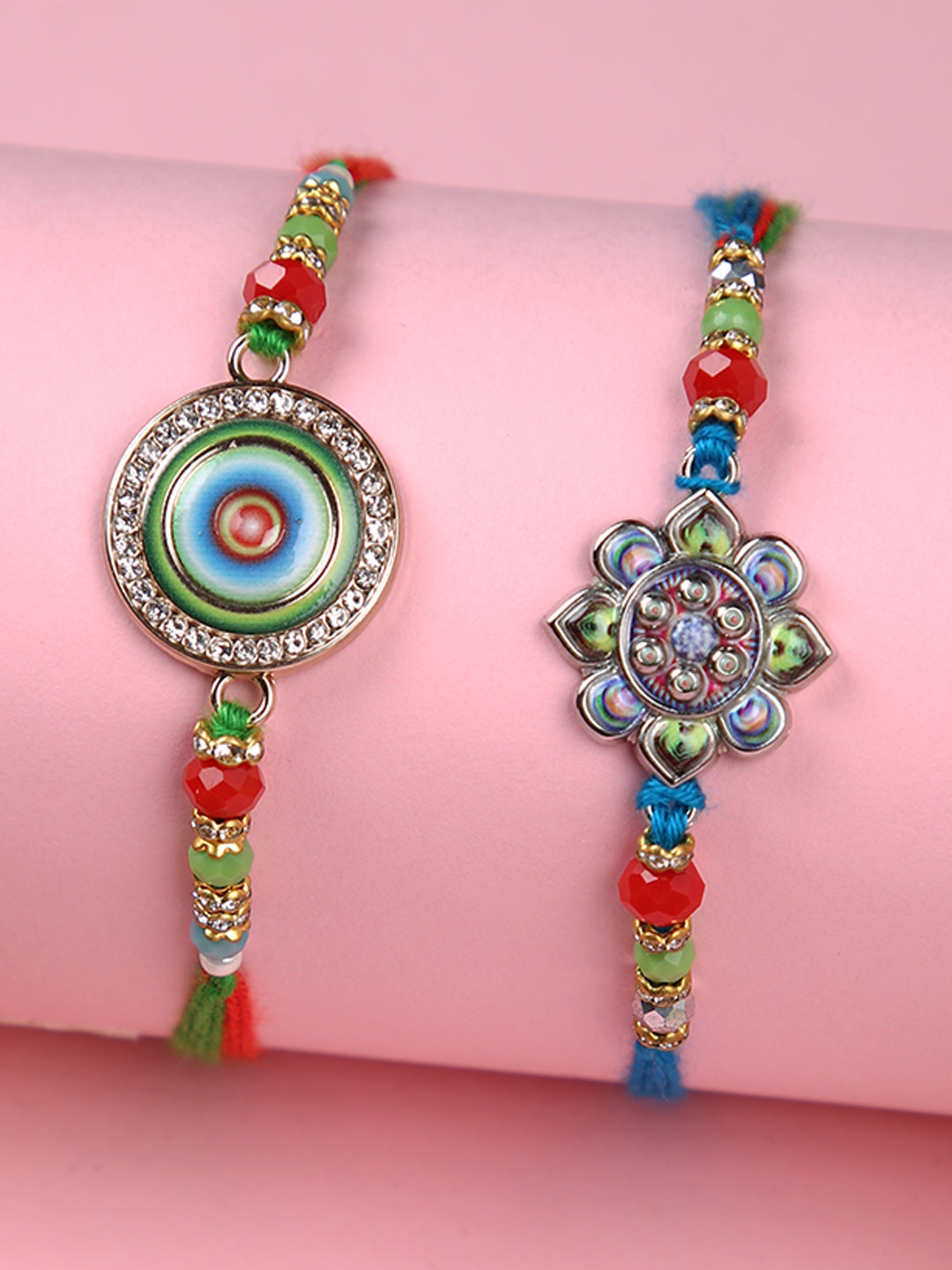 Set of 2 Green & Red Enameled Rakhi