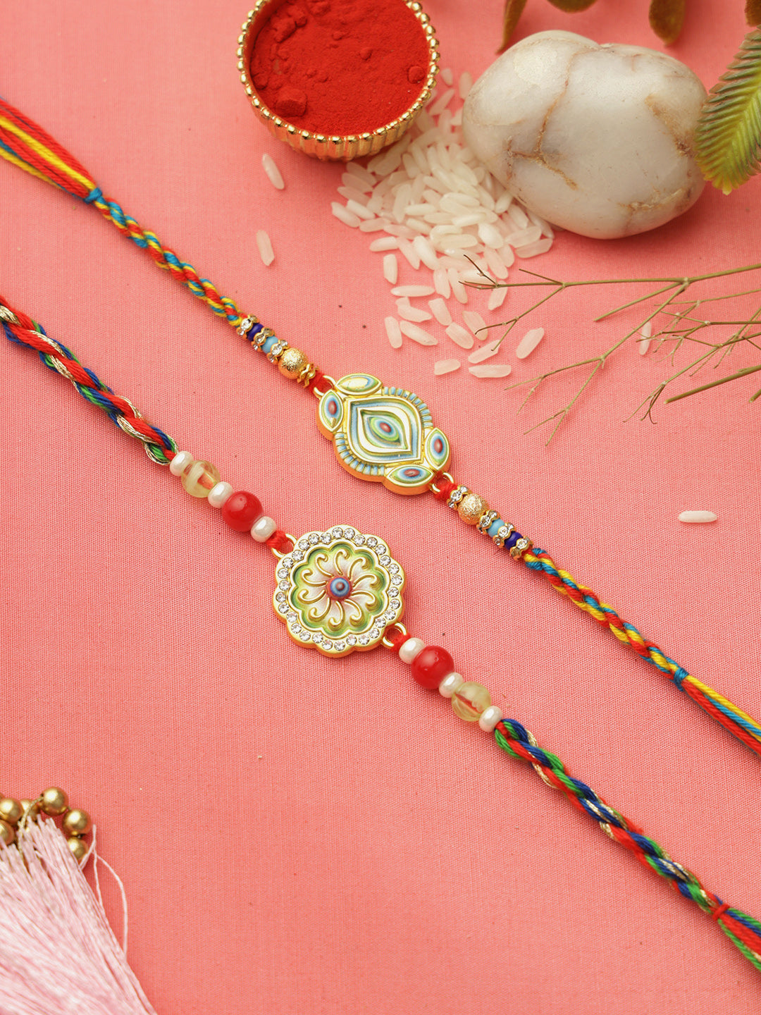 Green Floral Multicolored Set of 2 Rakhi