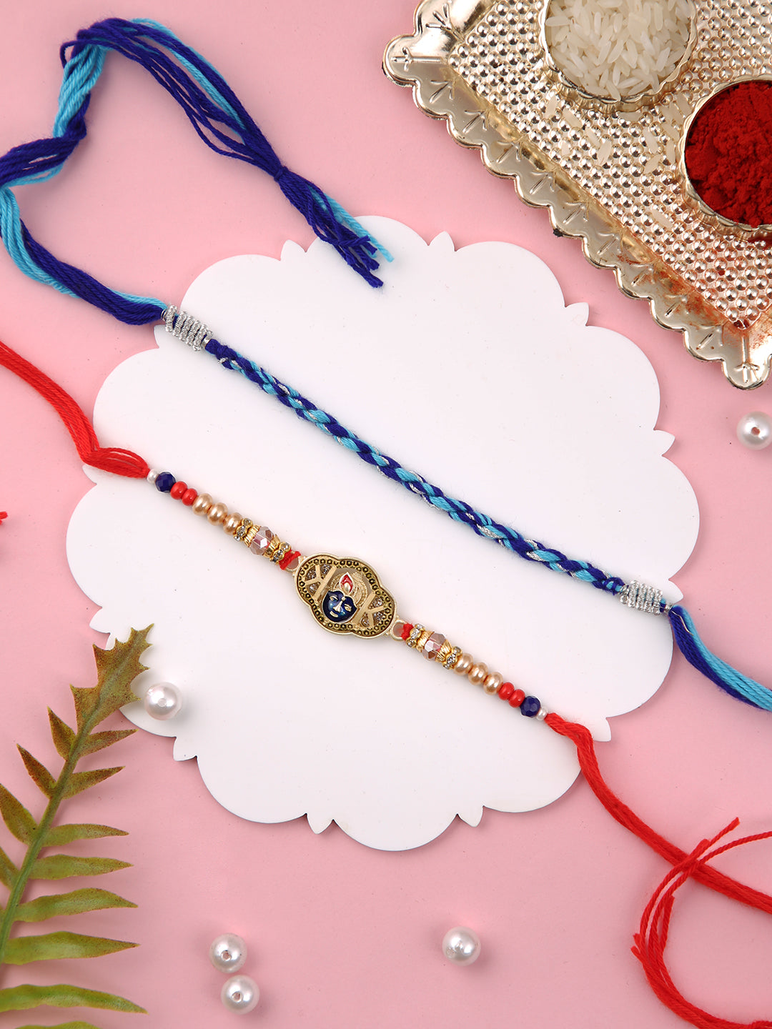 Golden Divine Krishna & Blue Braided Set of 2 Rakhi
