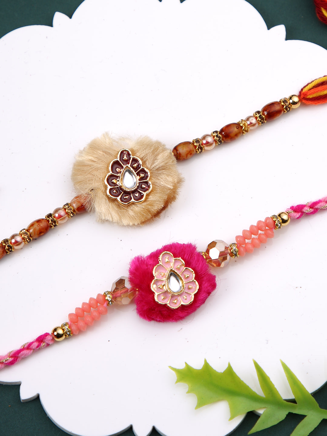 Set of 2 Pink & Cream Stone Work Rakhi