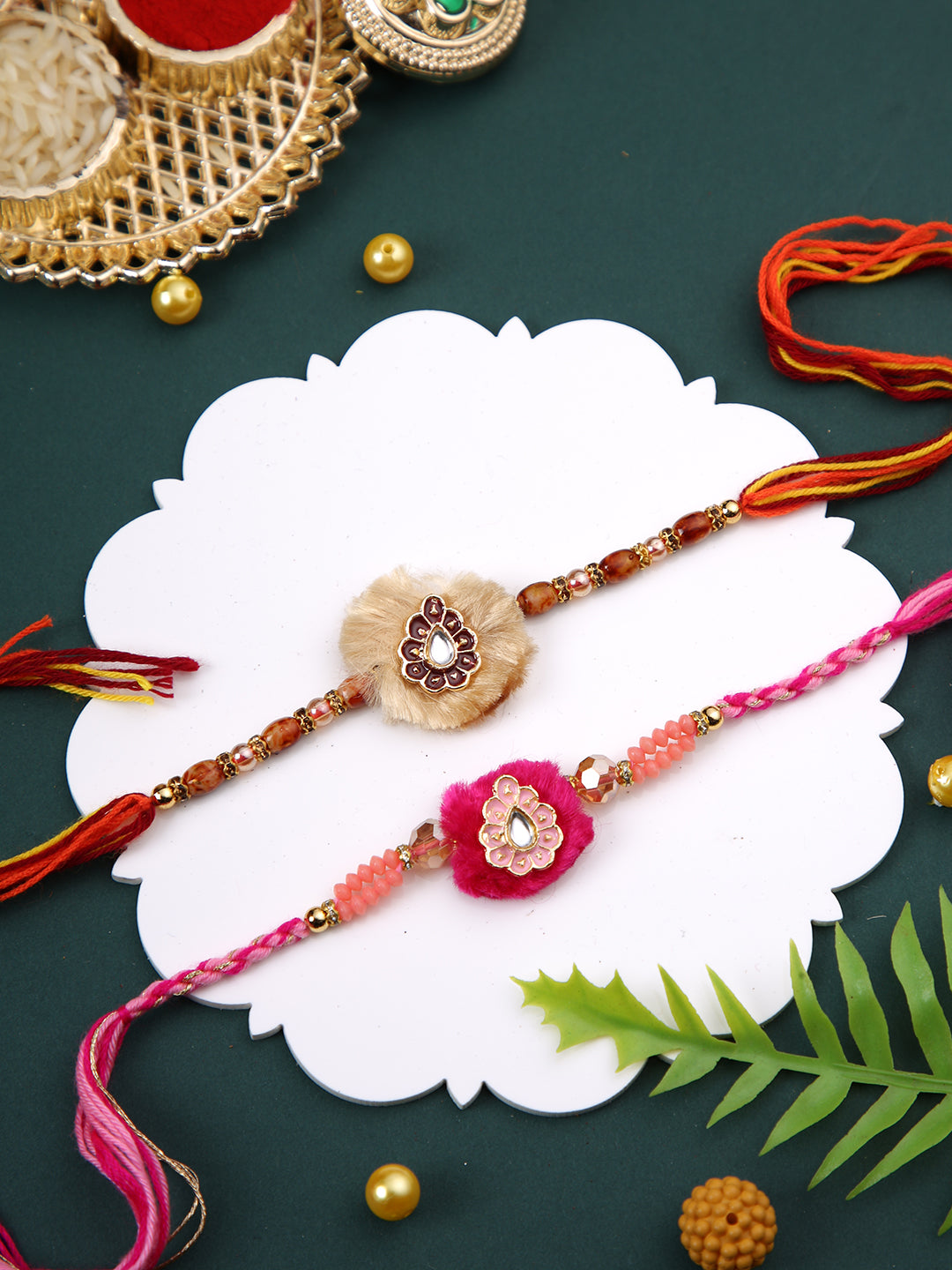 Set of 2 Pink & Cream Stone Work Rakhi