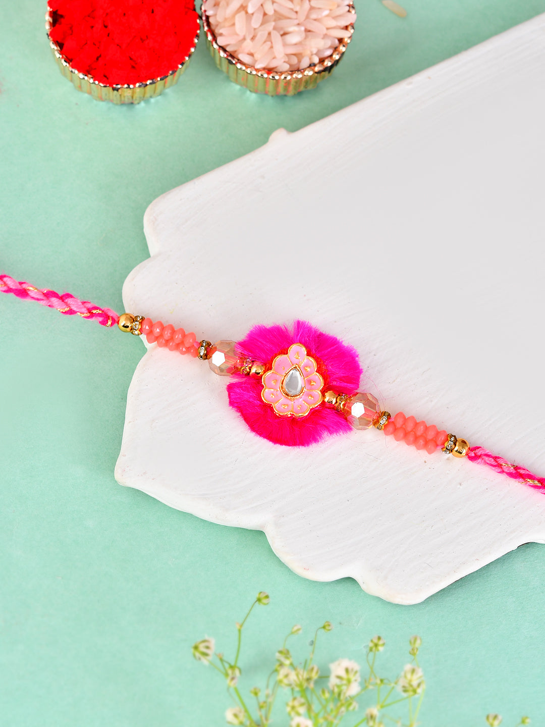 Pink Fancy Rakhi with Stones & Floral Design