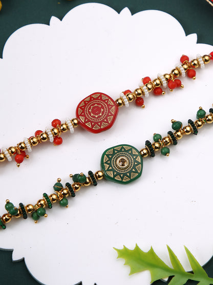 Set of 2 Green & Red Beaded Rakhi